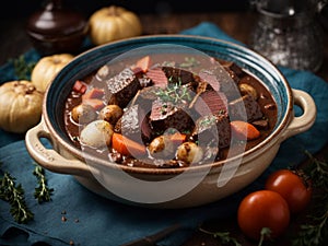 Beef Bourguignon, delicious French dinner dish of slow cooked beef in a red wine sauce, mushrooms