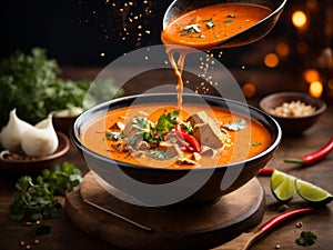 Delicious Thai red curry soup, vibrant ruby-red broth simmering with a symphony of aromas