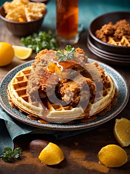 Delicious American chicken and waffles, golden-hued pieces of fried chicken