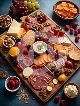 Delicious dessert and appetisers Charcuterie board, ideal dish to start the happy dinner