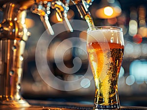 Pouring a draught beer at beer tap in glass serving in a night life background.