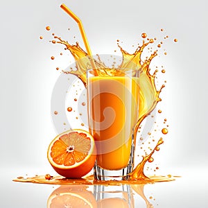 A glass of bright orange orange juice with splashes of juice around