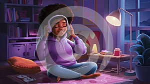 Afro Lofi Girl Enjoying Music In A Cozy room