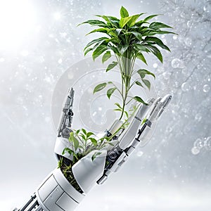 White metal robot arm from which a young green plant grows
