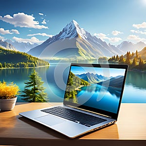 A laptop computer with a nature screensaver stands on a wooden table against the backdrop