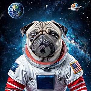 Cute funny sand-colored pug dog astronaft in a spacesuit photo