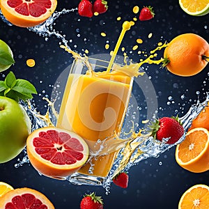 Glass of orange orange juice with splashes f fresh oranges and fruits