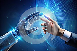 human hand touching screen with robot hand