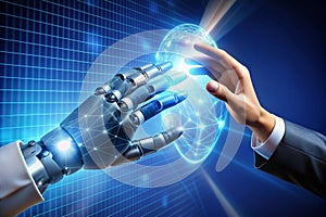 human hand touching screen with robot hand