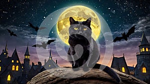 Magical Black Cat Flying Across a Starry Halloween Sky