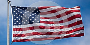 A photo of the American Wave flag. The background is a clear blue sky.
