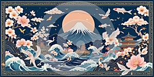 UnElegant Hand-Drawn Japanese Ukiyo-e Folk Art Banner with Cherry Blossoms, Koi Fish, and Mount Fujititled design - 1