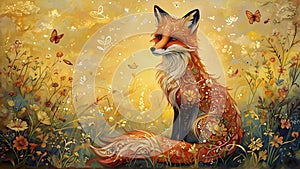 Enchanted Folk-Art Fox in a Spring Meadow