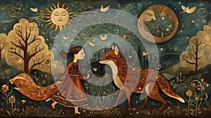 Enchanted Folk-Art Fox in a Spring Meadow