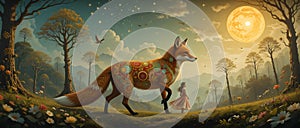 Enchanted Folk-Art Fox in a Spring Meadow