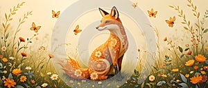 Enchanted Folk-Art Fox in a Spring Meadow