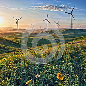 Wind Turbines on a Flower-Covered Hillside