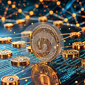 Futuristic Bitcoin Coin and Blockchain Data Visualization