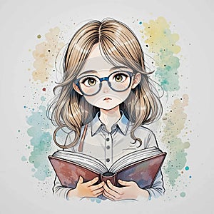 Thoughtful Girl with Glasses and Book: Whimsical Watercolor Illustration