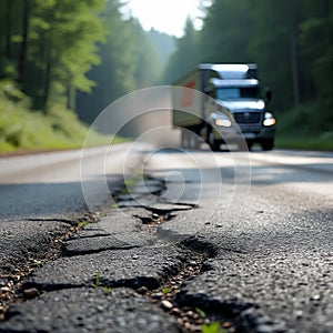Macro Texture of Cracked Black Asphalt In The Forest