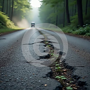 Cracked Asphalt Road Close-Up In The Forest