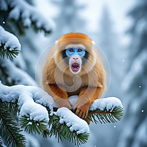 Golden Snub Nosed Monkey in Natural Snowy Forest Environment