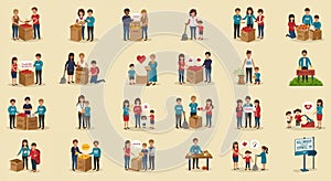 International Charity Day Team work-Donations for Clothes, homes, Kids Learning, Classroom Objects, Flat Vector Pack