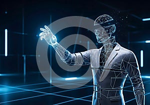 Digital human figure in a suit interacting with a virtual interface.