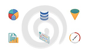 Collection of six flat design icons representing various business and data concepts.