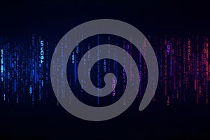 Digital design featuring vertical streams of binary code (0s and 1s) cascading down a dark background