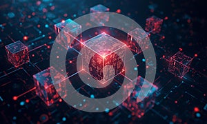 A digital representation of blockchain technology featuring interconnected cubes