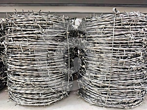 Malaysia, November 2 2025 Barbed Wire Coils Displayed For Hardware Store Sales