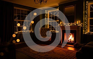 Cozy living room with a warm fireplace casting a gentle glow.AI