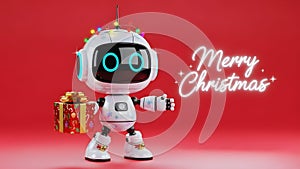Cute Christmas Robot Holding Gift with Merry Christmas Text
