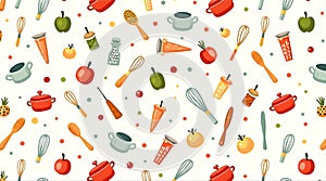 Seamless Kitchen Wallpaper with Utensils, Vegetables, and Playful Cooking Elements