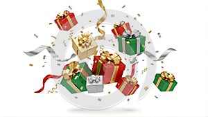 Exploding Christmas Gifts and Confetti on White Background