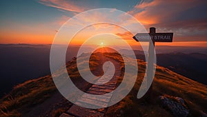 Wooden path in a scenic mountain landscape at sunset, with the sign 