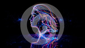 Digital human profile head with glowing neon wireframe and data stream, AI and big data concept