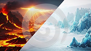 Fire and Ice 3D Illustration Background with Fog and Godray Light Effects, Epic
