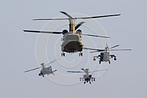 Untitled military helicopter at air base. Air force and army flight transportation. Aviation and rotorcraft. Transport