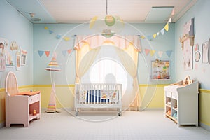 untouched nursery room with crib and pastel walls