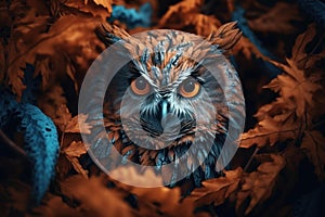 Untouched Owl leaves forest nature. Generate Ai photo