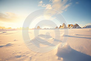 untouched snowfield bathed in golden light