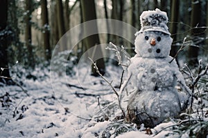 Untouched Snowman winter nature forest. Generate Ai photo