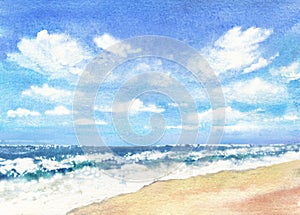 Untouched tropical beach with waves , sky with white puffy clouds. Watercolor hand drawn illustration