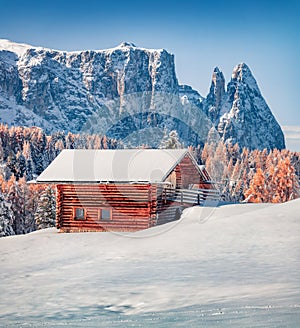 Untouched winter landscape. Bright morning view of Alpe di Siusi village with wooden chalet