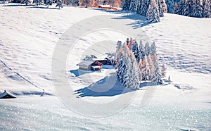 Untouched winter landscape with small wooden chalet.