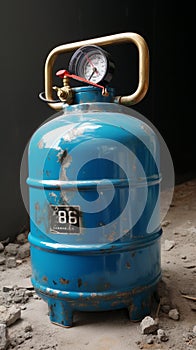 Unused blue LPG cylinder in a state of dormancy