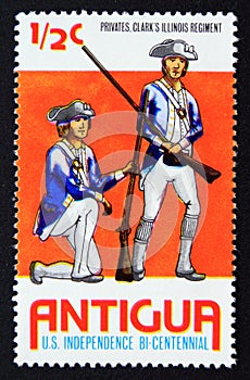 Unused post stamp Antigua 1976, Privates Clark`s Illinois Regiment soldiers