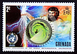 Unused postage stamp Grenada 1973, Zeus, Greek god and radarscope